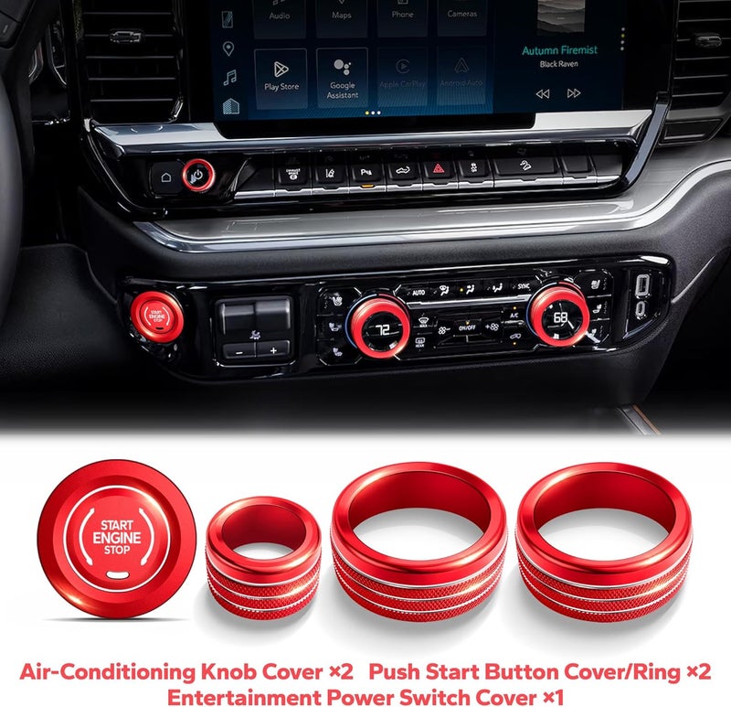 Polodunn for 2022-2025 2026 Chevy Silverado 1500 Accessories & 2024-2025 Chevrolet Silverado 2500HD/3500HD, 7pcs Aluminum Alloy Knob Cover Trim Kit (Red) - Push Start, AC, Volume, Headlight & Mode - Image 3